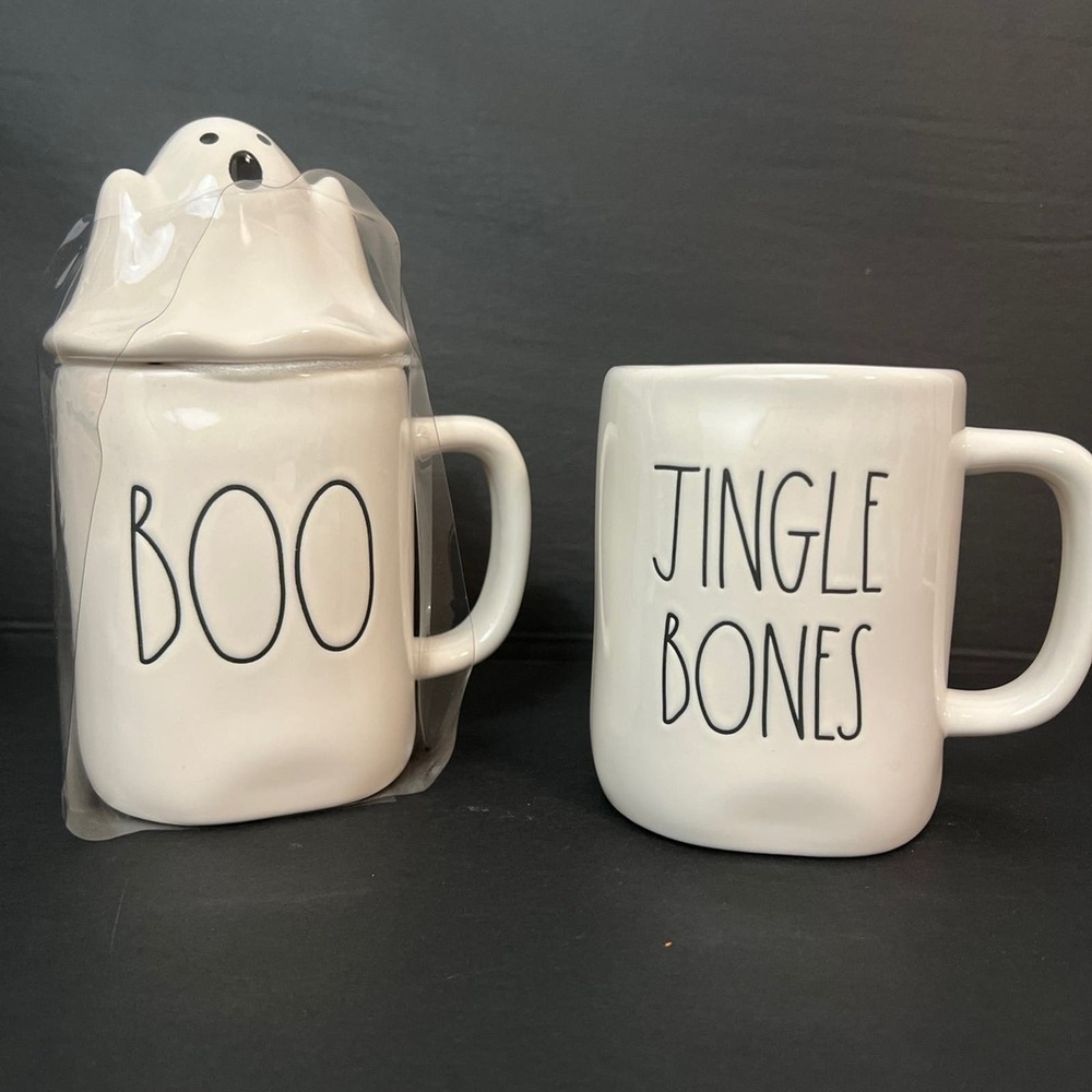 Lot 2 Rae Dunn Halloween Boo Mug Topper and Christmas Jingle Bones Cup